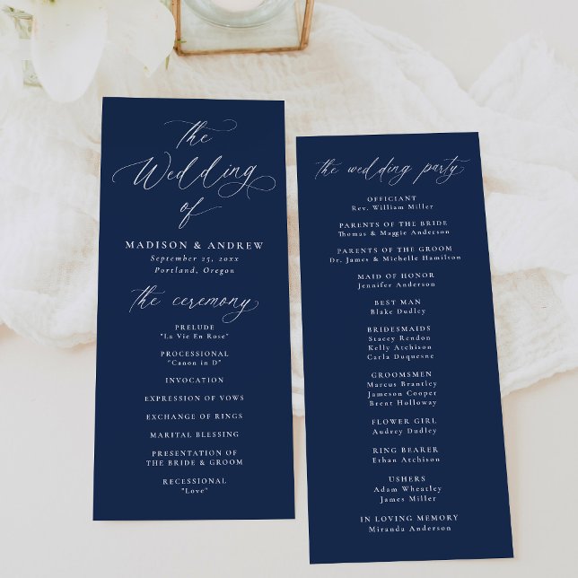 Modern Elegant Calligraphy Navy Wedding Program (Creator Uploaded)