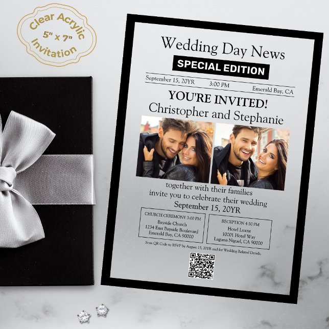 Modern Elegant Calligraphy Newspaper Wedding Acrylic Invitations (Elegant Chic Modern Black Typography All Season Newspaper Style Wedding Invitation)