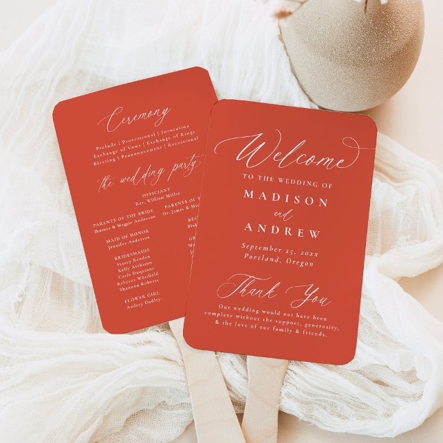 Modern Elegant Calligraphy Orange Wedding Program Hand Fan (Creator Uploaded)