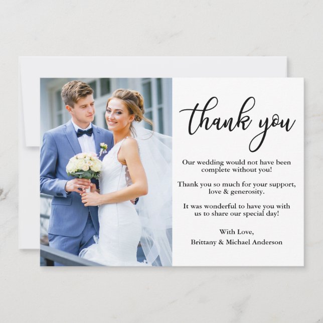 Modern Elegant Calligraphy Photo Wedding Thank You Card (Front)