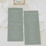 Modern Elegant Calligraphy Sage Green Wedding Program<br><div class="desc">Create a lasting impression with this elegant wedding program featuring graceful white calligraphy on a serene sage green background. Perfect for weddings of any season, this versatile design suits both formal and casual celebrations. The program can be personalized with the couple’s names, wedding date, and ceremony details in bold white...</div>