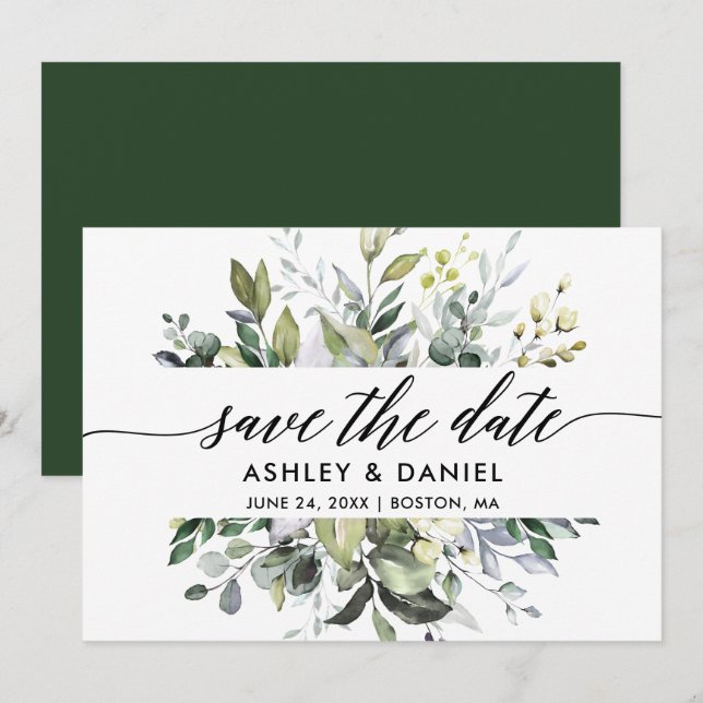 Modern Elegant Calligraphy Watercolor Greenery Save The Date (Front/Back)