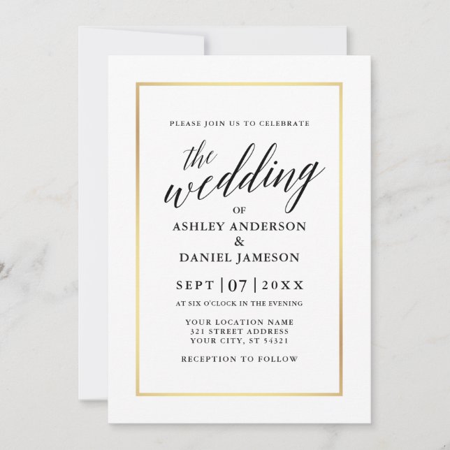 Modern Elegant Calligraphy Wedding Black and Gold Invitation (Front)