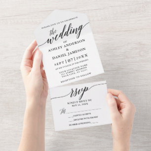 Modern Elegant Calligraphy Wedding Black and White All In One Invitation