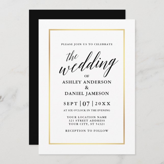 Modern Elegant Calligraphy Wedding Gold Frame Invitation (Front/Back)