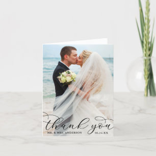 Modern Elegant Calligraphy Wedding Photo Note B Thank You Card