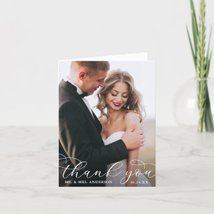 Modern Elegant Calligraphy Wedding Photo Note W Thank You Card