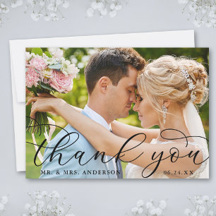 Modern Elegant Calligraphy Wedding Photo Thank You Card