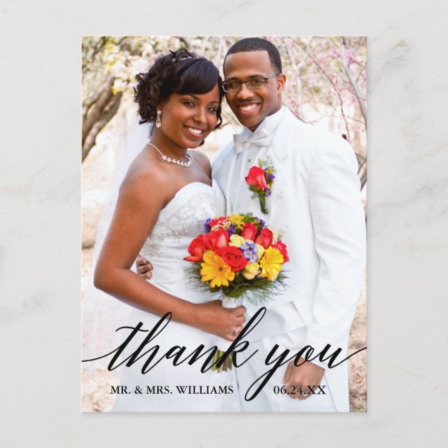 Modern Elegant Calligraphy Wedding Photo Thank You Postcard (Front)
