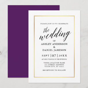 Modern Elegant Calligraphy Wedding Purple Gold Invitation
