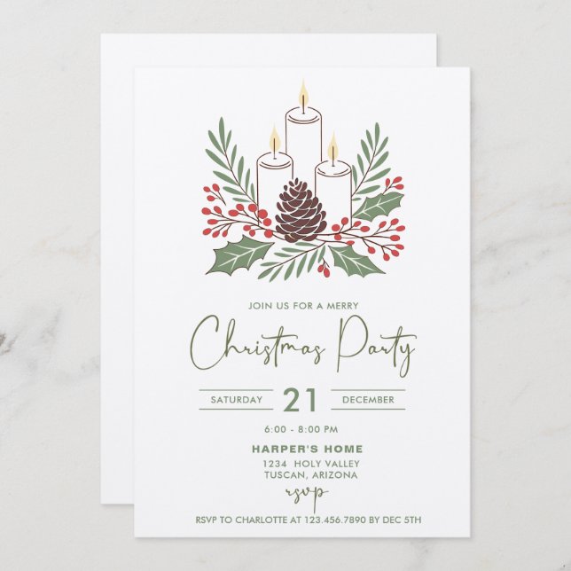Modern Elegant Candles and Foliage Christmas Party Invitation (Front/Back)