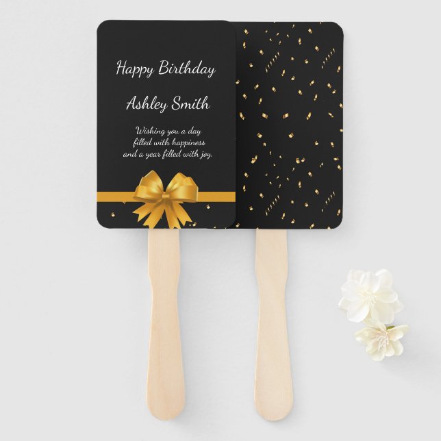 Modern elegant chic black and gold sweet 16 hand fan (Front and Back)