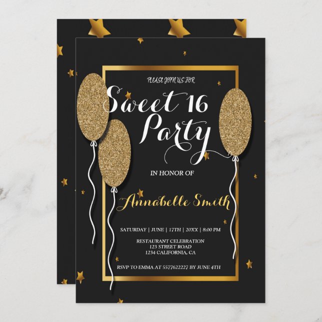 Modern elegant chic black and gold sweet 16 invitation (Front/Back)