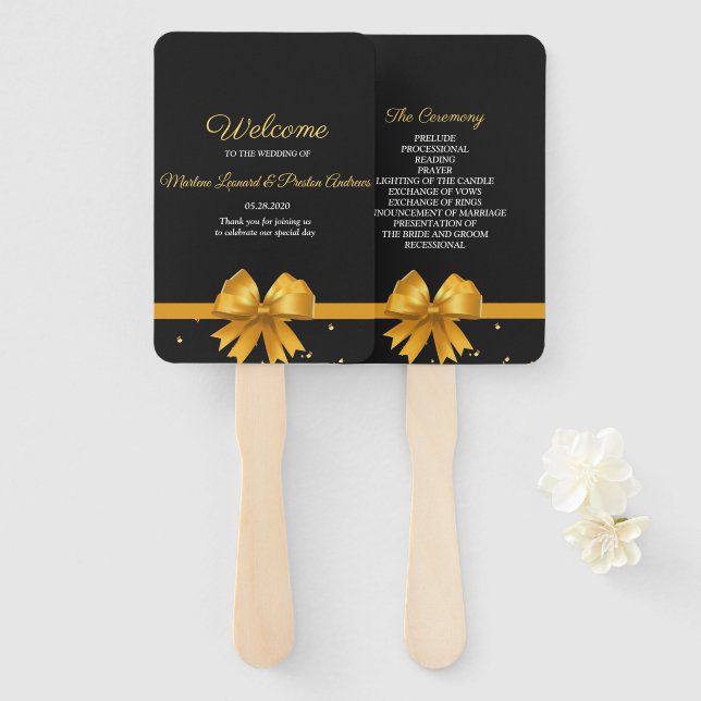 Modern elegant chic black and gold Wedding Program Hand Fan (Front and Back)