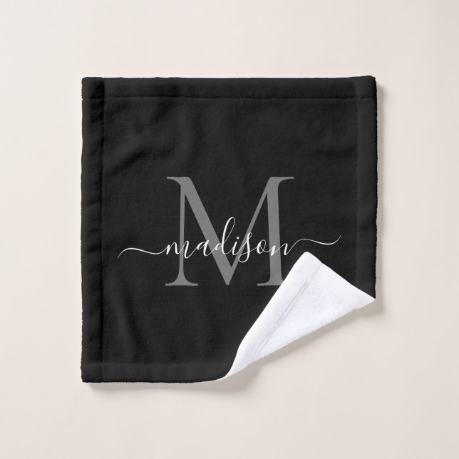 Modern Elegant Chic Black Grey Monogram Script Wash Cloth (Wash Cloth)