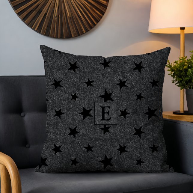 Modern Elegant Chic Black Star Pattern Monogram Throw Pillow (Creator Uploaded)