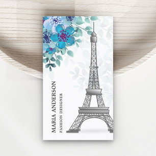 Modern Elegant Chic Blue Floral Paris Eiffel Tower Business Card