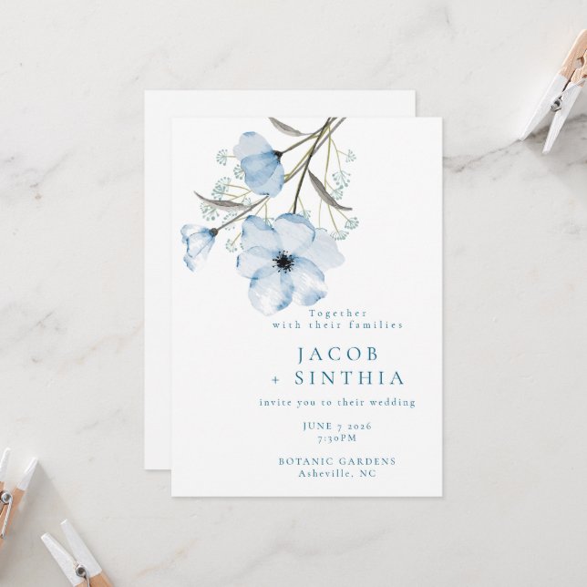 Modern Elegant Chic Dusty Blue Wedding Invitation (Front/Back In Situ)