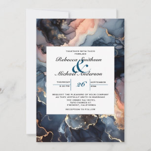Modern Elegant Chic Navy Blue & Peach Marble Invitation
