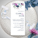 Modern Elegant Chic Purple and Blue Floral Wedding Menu<br><div class="desc">Delight your guests with this elegant wedding menu card with a stylish, modern feel. Design with delicate watercolor floral detail on the top in a beautiful blend of purple and blue hues. Use of modern block typography in blue. Ability to personalize all text sections using the template text boxes provided,...</div>