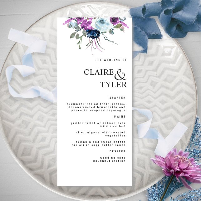 Modern Elegant Chic Purple and Blue Floral Wedding Menu (Creator Uploaded)
