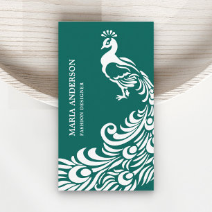 Modern Elegant Chic Teal and White Peacock Business Card