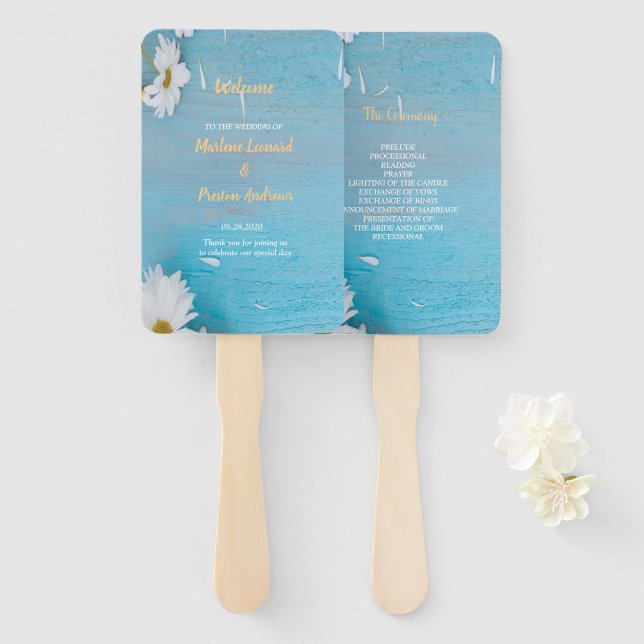 Modern elegant chic white floral with blue hand fan (Front and Back)