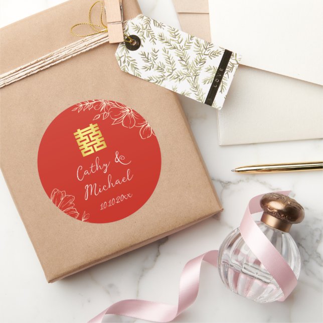 Modern elegant Chinese wedding floral script red Classic Round Sticker (Gifting)