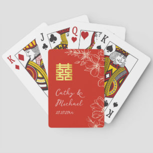 Modern elegant Chinese wedding floral script red Playing Cards