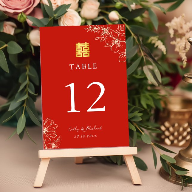 Modern elegant Chinese wedding floral script red Table Number (Creator Uploaded)