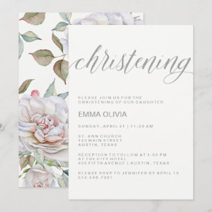 Modern Elegant Christening Delicate Floral Back Invitation