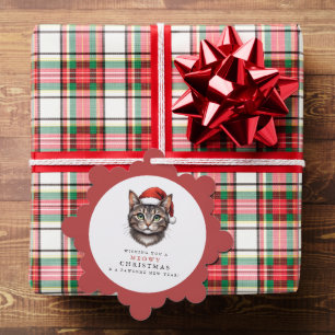 Modern Elegant Christmas Cat with Santa Hat Ornament Card