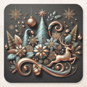 Modern Elegant Christmas-Rose Gold Square Paper Coaster