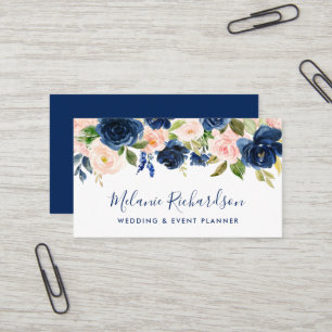 Modern Elegant Classic Blue Pink Blush Floral Business Card