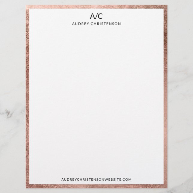 Modern elegant classic monogram rose gold frame letterhead (Front)