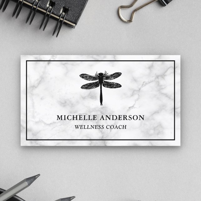 Modern Elegant Classic White Marble Dragonfly Business Card (Creator Uploaded)