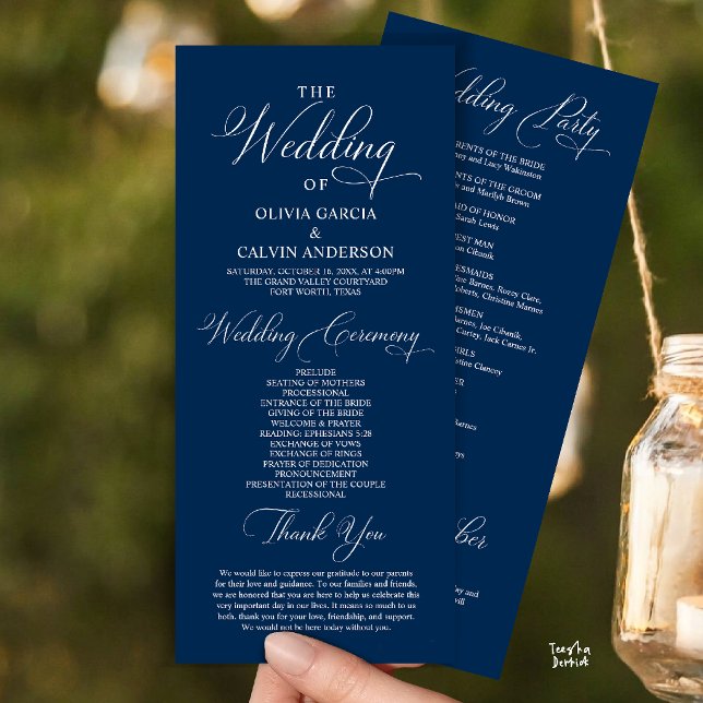 Modern Elegant Classy Wedding Ceremony Order Program (Modern Elegant Classy Wedding Ceremony Order Program Card in Navy Blue)