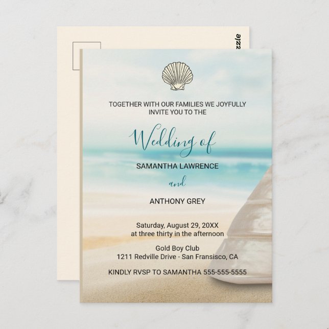 Modern Elegant Coastal Wedding Invitation Postcard (Front/Back)