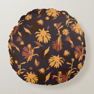 Modern Elegant Coneflowers Yellow Orange Dark Grey Round Pillow