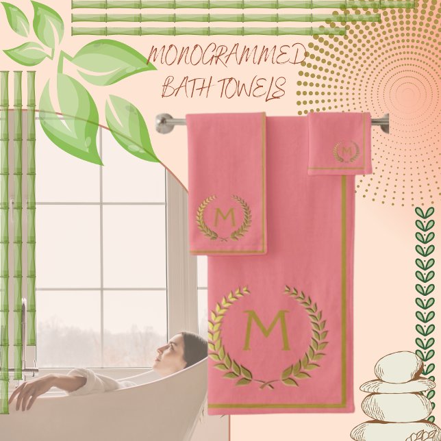 Modern Elegant Coral Gold Chic Monogramed Bath Towel Set (Creator Uploaded)