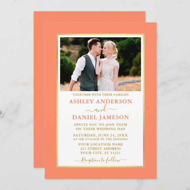 Modern Elegant Coral Gold Wedding Invitation (Front/Back)