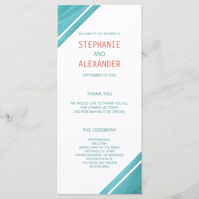Modern Elegant Coral Teal Wedding Program (Front)