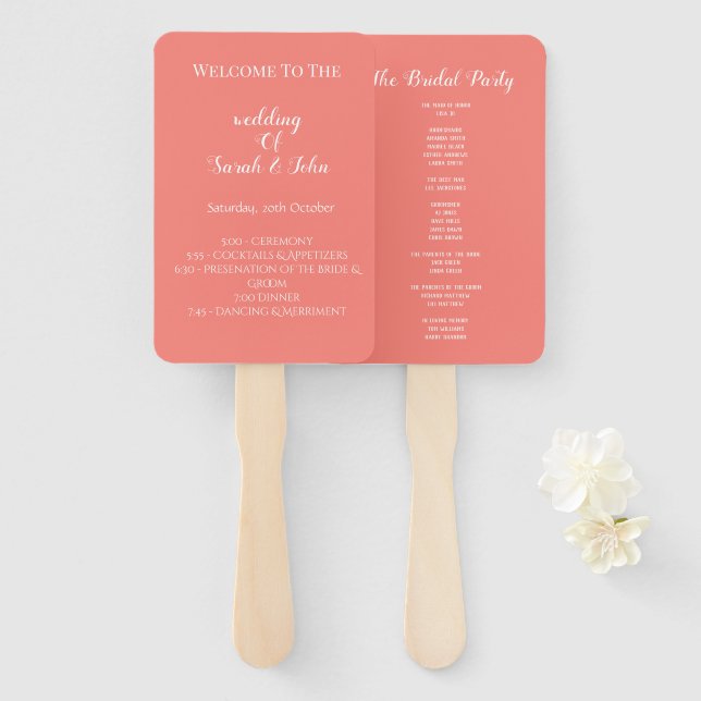 Modern Elegant Coral Wedding Program Hand Fan (Front and Back)