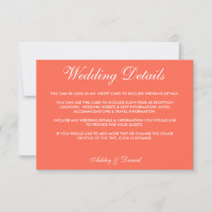 Modern Elegant Coral & White Wedding Details Invitation