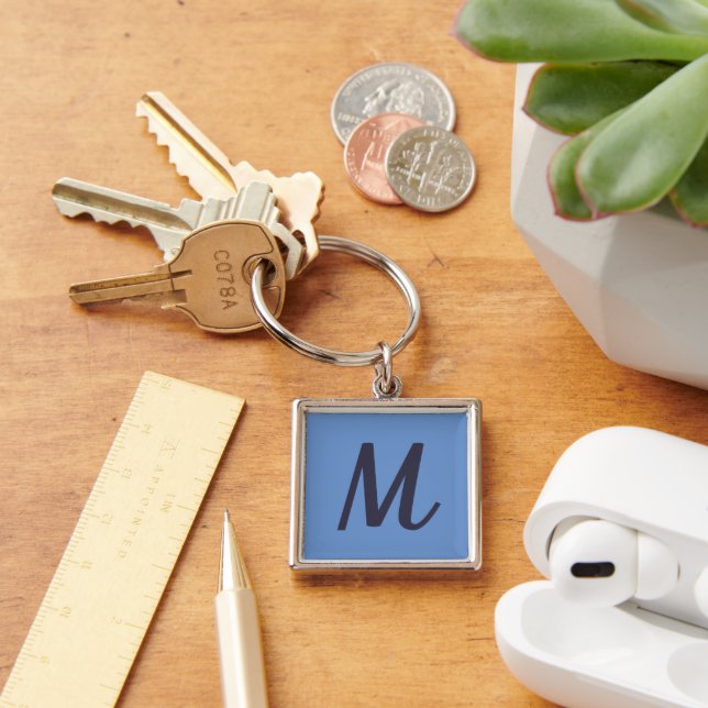 Modern Elegant Cornflower Blue Indigo Monogram Keychain (Desk)