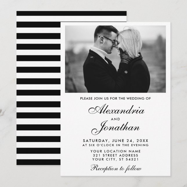 Modern Elegant Couple Photo Wedding BxW Striped Invitation (Front/Back)