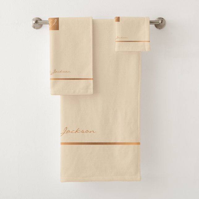 Modern elegant cream gold chic monogrammed stripes bath towel set (Insitu)