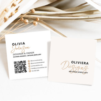 Modern Elegant Cream + Yellow Script QR Code Square Business Card