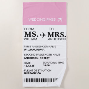 Modern Elegant Custom Bride To Be Boarding Pass Beach Towel