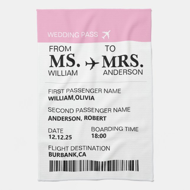 Modern Elegant Custom Bride To Be Boarding Pass Kitchen Towel (Vertical)